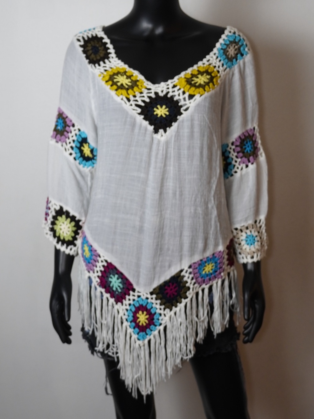Boho Granny Square Crochet Fringe Poncho Tunic Cover Up One Size